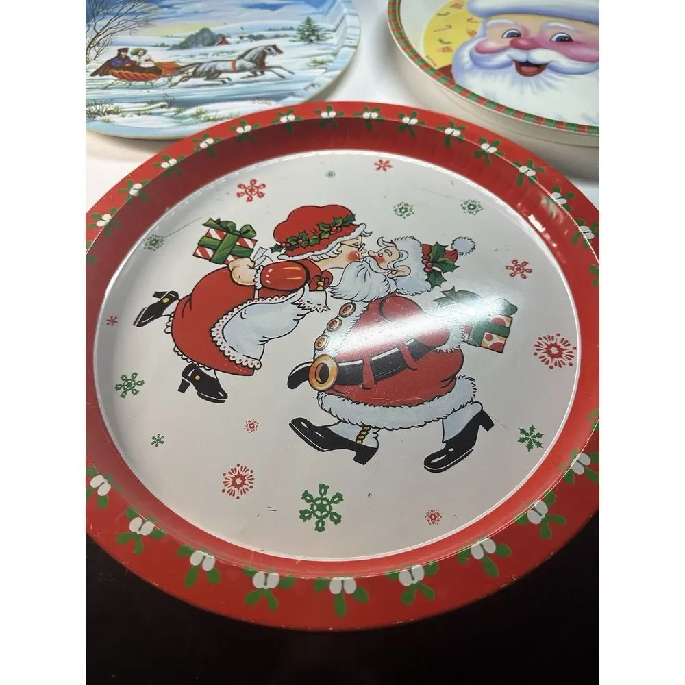 Vtg Lot Of 3 Mr.Mrs. Santa Claus Metal Cookie tray 1980 Christmas Club. A‎ corp